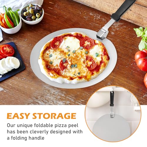 Pizzaschaufel, perforiert, professionell, perforiert, 25 x 25 cm, großer Ständer, mit klappbarem Griff für Ofen und Grill zum Kochen von Pizza, Brot, stabiler