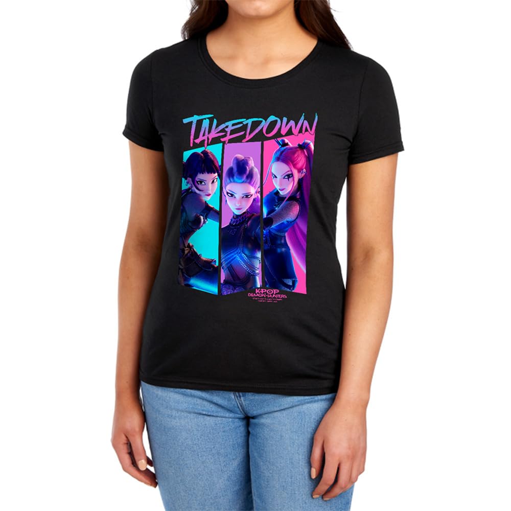 Kpop Demon Hunters Huntrix Demons Takedown Comic Womens T Shirt, Black, L