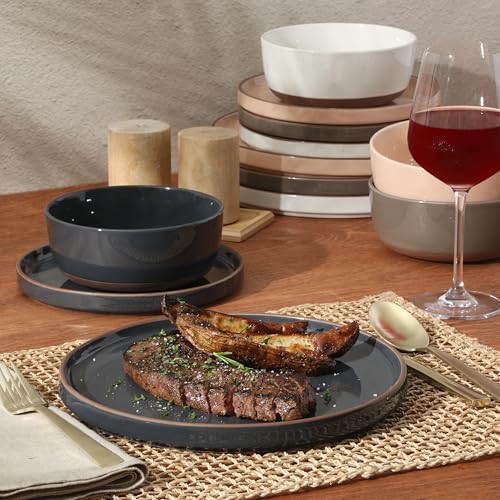 Image of Gibson Elite Northrock Stoneware Dinnerware Set, 12-Piece Service for 4 Plates and Bowls Set - Assorted Colors Blue, White, Pink, Gray Dishes with Hand-Painted Terracotta Base