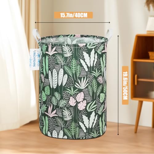Image of Round Laundry Basket Collapsible Storage Hamper Organizer Full Leaf | Waterproof Canvas Foldable Baskets with sturdy Handles Multi-scene Organizer for Home Play Bedroom Gift Bin