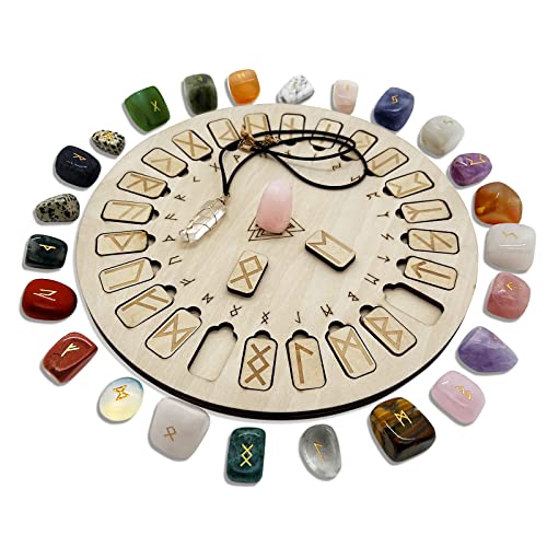 Rune Stone Set Wooden Disc with Eternal Life Inscription and Mixed Color Crystal Rune Set for Meditation and Witchcraft Healing Chakra Balancing for Beginners (Mixed Color Rune Set)