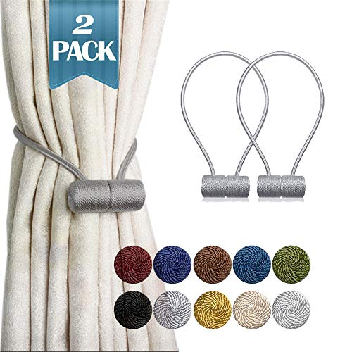 SmallDot Magnetic Curtain Tiebacks, 16 Inch Window Holdbacks Drapes Holders Hooks, Decorative Weave Rope Clips Strong Magnet for Home Office Restaurant Décor, Pack of 2, Grey