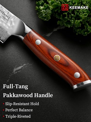 Image of KEEMAKE Nakiri Chef Knife, 7 Inch 67-Layer Damascus Japanese Kitchen Knife with Ergonomic Pakkawood Handle, Ultra Sharp Non-Slip Cooking Vegetable Knife with Ash Sheath & Dad Gift Box