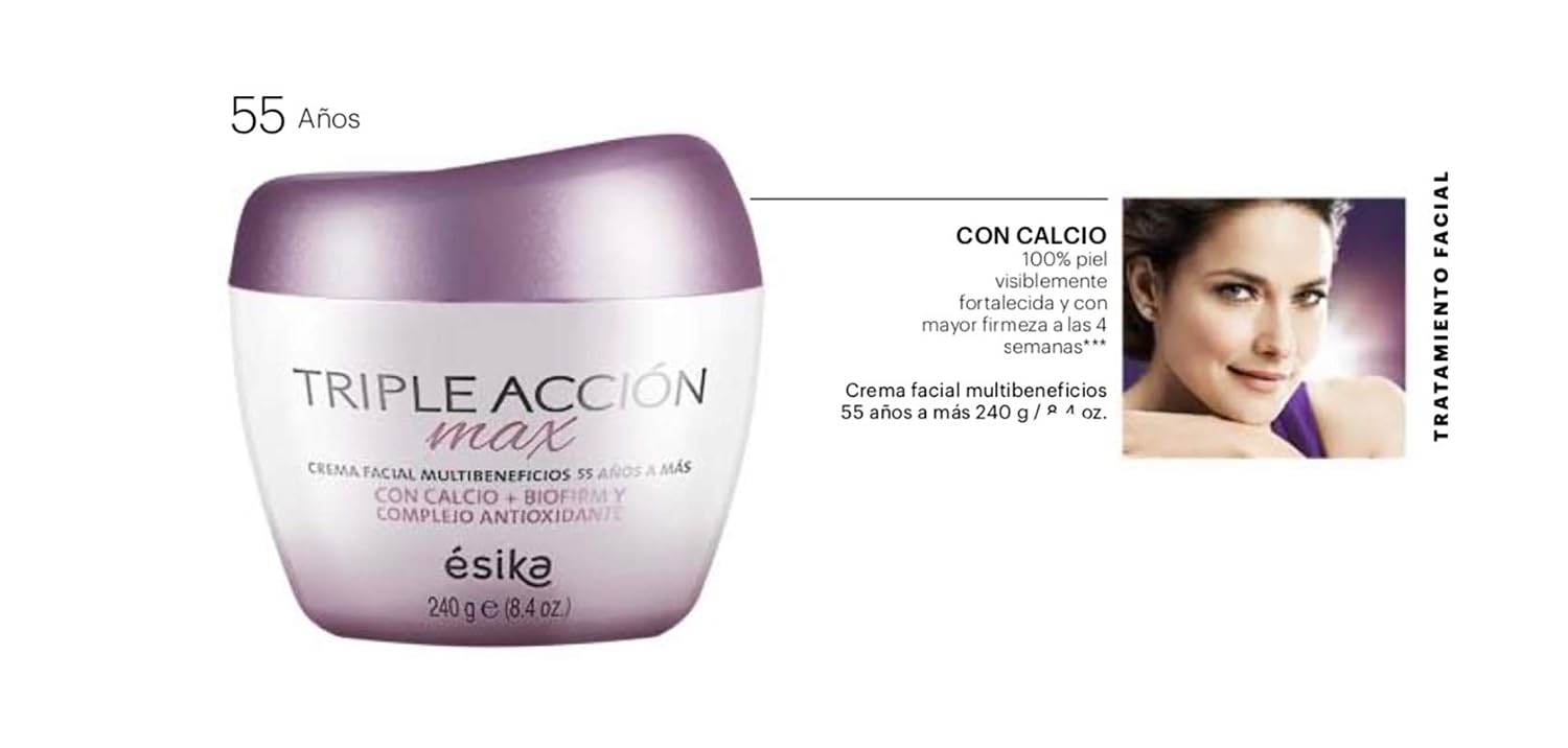 Esika Triple Acción Max Crema Facial Multibeneficios 55 A Más Con Calcio, Biofirm y Complejo Antioxidante 5.2 zo. (150g)
