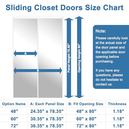 Image of Sliding Closet Doors 48 inch x 80 inch(Double 24.4 inch x 80 inch), Mirrored Doors Aluminum Frame with Hardware Kit & Guide, Interior Door for Bedroom No Assembly Required