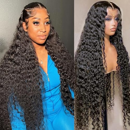 Image of SOEZ 32 Inch Deep Wave Lace Front Wigs Human Hair 13x4 HD Lace Front Wigs Human Hair Pre Plucked Wet Wavy Curly Human Hair Wig 180% Density Water Wave Glueless Frontal Wig with Baby Hair For Women