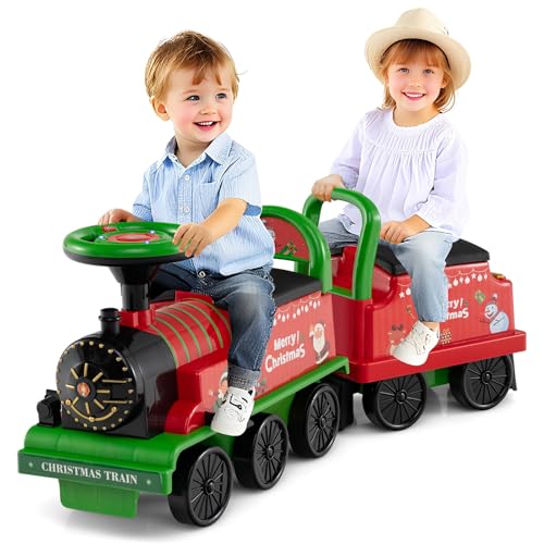 Image of Costzon 2-Seater Ride on Train with Carriage, 6V Ride on Toy w/Under-Seat Storage, Footrests, Train Whistle, Music & Colorful Flashing LED Lights, Electric Car for Kids Aged 18+ (2 Seaters, Green)