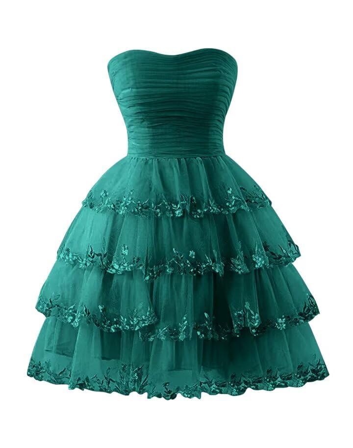 Short Strapless Lace Appliques Homecoming Dresses Tiered Ruffle Tulle Formal Cocktail Party Gowns for Teens HS2234