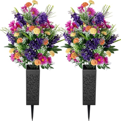 Artificial Cemetery Flowers for Grave: Memorial Day Flowers for Cemetery - Outdoor Grave Decorations - 2 Pcs Purple Violet Mums Bouquets with Vases image 4
