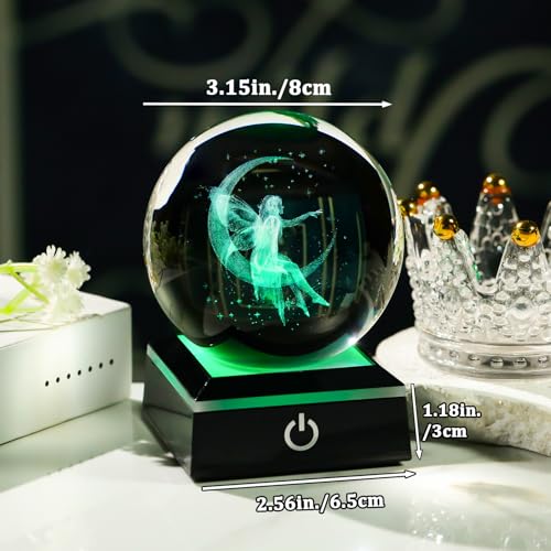 Image of Arikyrist 3D Crystal Ball Moon Fairy Figurine with Colorful LED Base, Fairy Gifts for Women Girls on Christmas Birthday, Fairy Statue Glass Globe Decorative Ball for Home Decor (80mm)
