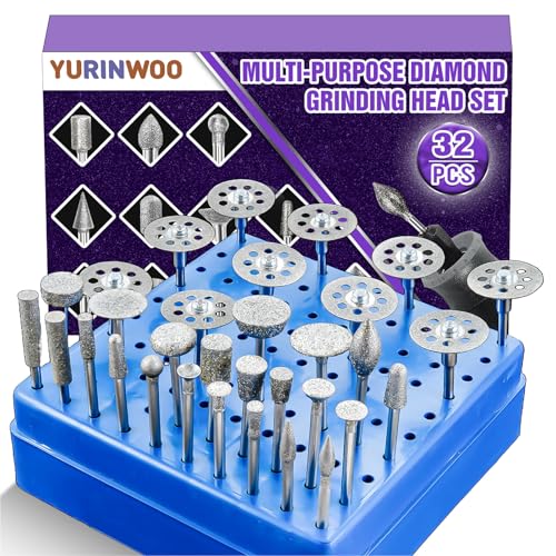 22 Fraises Diamantée + 10 Disque Diamant Compatibles avec Dremel, avec Coffret de Rangement Bleu, Tige de 3mm Pour le Verre, Les Pierres Précieuses, Pe Jade, Le...