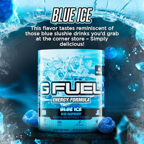 Image of G Fuel Blue Ice Energy Drink Powder, Pre Workout Caffeine Mix for Gaming, Sugar Free Focus Amino, Vitamin + Antioxidants, 9.9oz (Blue Raspberry, 40 Servings)