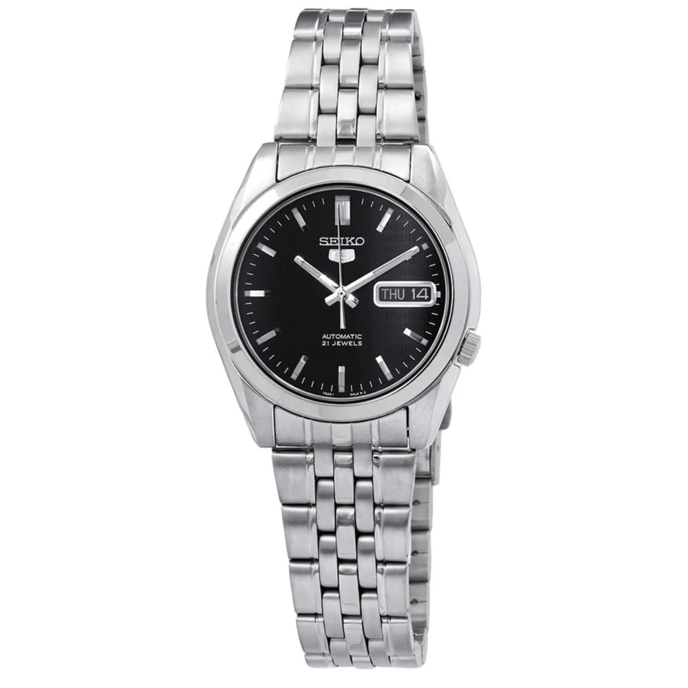 Seiko - SNK361K1-5 - Męski zegarek - automatyczny analogowy - czarna tarcza - szary pasek stalowy, Czarny/Szary, Klasyczny