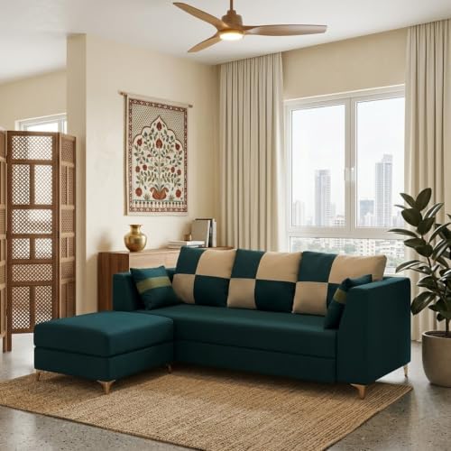 Image of FURNY Signature Cresta 4-Seater L-Shape Sofa Set with Movable Ottoman | Flexible LHS /RHS Layout | Boston Fabric | 40D Foam + Zigzag Spring | 3-Yr Warranty (Ocean Teal-Beige)