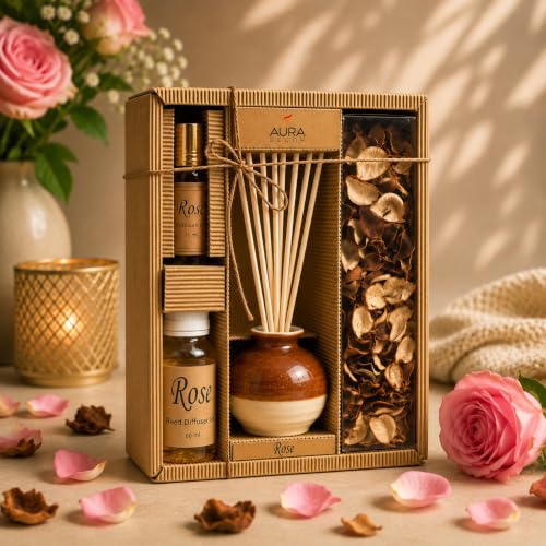 Image of AuraDecor Reed Diffuser Gift Set with Potpourri, Fragrance Oil & 6 Reed Sticks | Air Freshener for Living Room, Bedroom & Office | Decorative Aroma Diffuser Gift Set (Rose, X-Large)