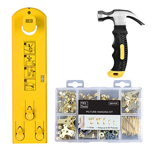 Picture Hanging Kit | 220 Piece Assortment with Stubby Hammer and Level Tool | Picture Hangers, Wire, Hooks, Nails, Hanger Level | Use for Home or Office Frames