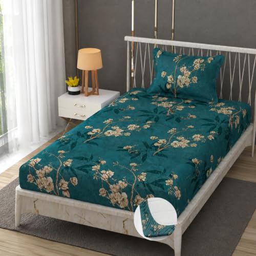 Image of Vram Premium Heavy Cotton Elastic Fitted Bedsheets with 1 King Size Pillow Covers || Single Bed with All Around Elastic 350 TC || 36 x 78 x 6 Inch Single Size Fitted || :- Green Flower