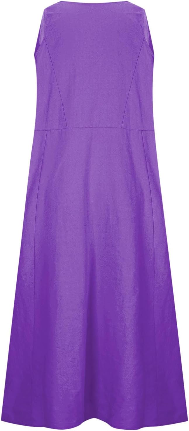 FZYLQY Women's Summer Cotton Linen Long Dress Sleeveless Elegant Flowy Sundresses for Women Loose Comfy Dress with Pockets
