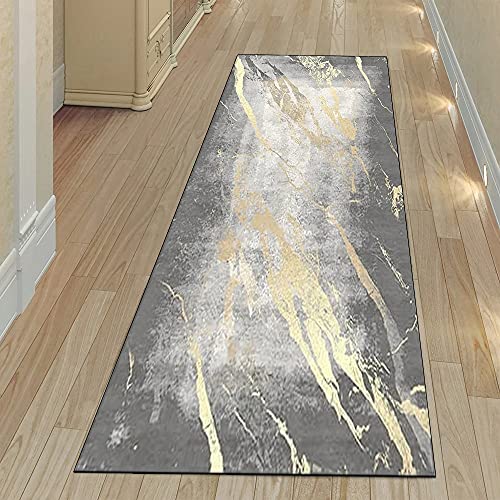 Modern Teppichläufer Meterware rutschfest Waschbar 90x120CM Grau und Golden Abstrakt Teppich Flur Läufer Schlafzimmer Wohnzimmer Korridor Küchenteppich Lang, 40cm - 140cm Breit, Anpassbare Größe Cover