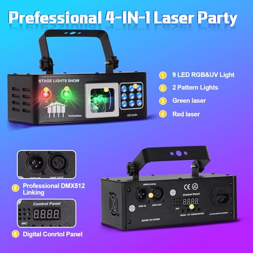 Image of Laser Lights DJ Lights for Parties Pro 4 in 1 with Sound Activated & DMX Control DJ Laser Light Show RGBW & UV Beam Effect Stage Laser Light for Party Birthday Disco Bar Stage Live Show