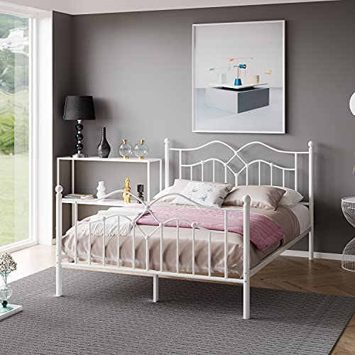 Strong Metal Bed Frame 4ft 6 Double Size Solid Bedstead Base with High Headboard (White)