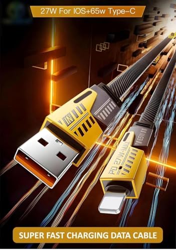 Image of 4 in 1 Fast Charging Cable 65W | Multi Charging Cable with Type-C, USB-A, Lightning | PD Fast Charging Cable (Yellow)