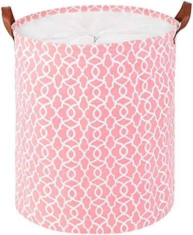 Large Foldable Laundry Basket Organizer Holder portable tall collapsible laundry hamper nusery Storage Basket Bin with PU Leather Handles and Drawstring Closure (Waterproof Lining, Pink)