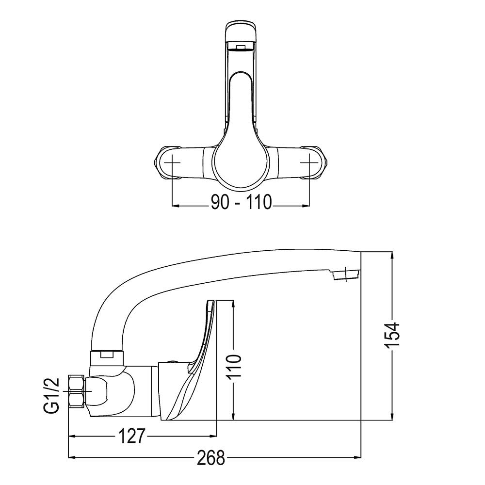 Kibath Grifo monomando de cocina fregadero BAT de pared con caño largo giratorio, Fabricado en latón con acabados en cromo brillo, Distancia entre las tomas de 11 cm, Repuestos garantizados