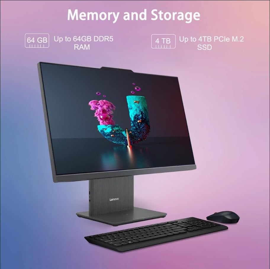 Image of Lenovo 27 inch All-in-One Desktop PC, FHD Touch Display, AMD Ryzen 7 7735HS, 32 GB DDR5,RAM,1TB SSD, Wireless KB & Mouse, RJ-45, Wi-Fi 6, Webcam, W11 Pro, Grey