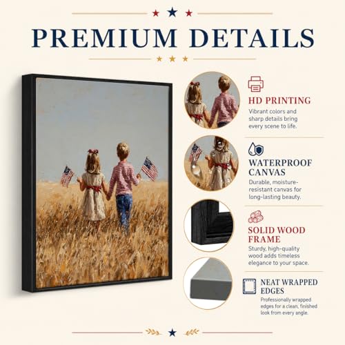 Image of American Flag Framed Canvas Wall Art, 4th of July Canvas Prints, Boy Holding USA Flag Patriotic Decorations, Modern Independence Day Wall Decor for Living Room Kids Room Dining Room Office 6x8