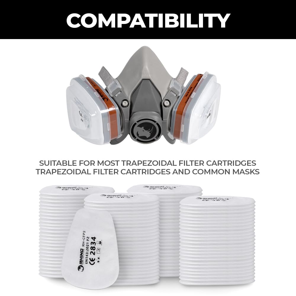 RHINO Smart Solutions Filtros de Algodón FFP2 para Filtro de Carbono y Mascarilla Reutilizable Anti Gas, Polvo, Pintura, Química, Vapores, Fitosanitarios (100 Filtros (+6 Tapas))