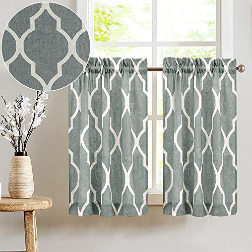 JINCHAN Short Kitchen Window Curtains Soft Grey on Beige Moroccan Tile Print Tiers 45 inches Long Linen Textured Lattice Half Window Covering for Bathroom Laundry Quatrefoil Window Treatments 2 Panels