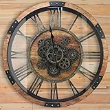 DORBOKER 68CM Große Vintage Wanduhr mit Beweglichen Zahnrädern, Retro Holz-Metallskelett, Gehärtete HD-Glasabdeckung, XXL Antike Steampunk Industriell Wanduhr für Büro Wohnzimmer Bar (Braun)