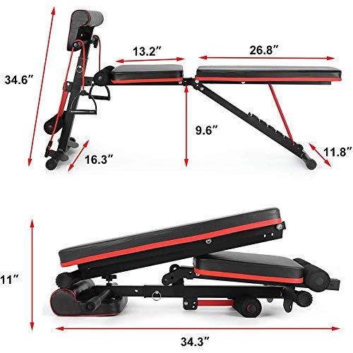 Weight Bench for Full Body Workout, 7 Position Adjustable Workout Bench With Adjustable Back Pillow Multi-Purpose Foldable Incline Decline Strength Fitness Training Exercise with Resistance Band