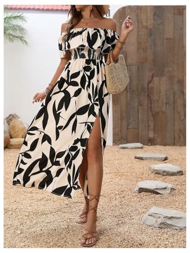 MakeMeChic Women's Floral Print Boho Dress Off Shoulder Shirred Split Thigh Midi Long Dresses4