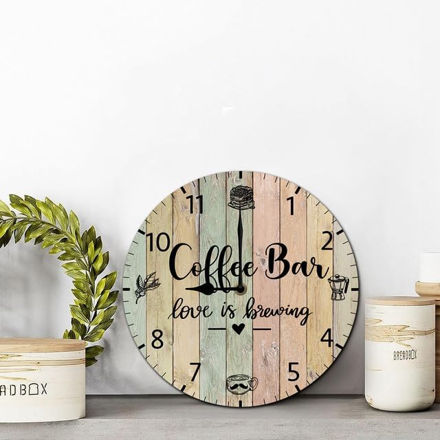 Miniatura 4 de Reloj de pared para cafetería, decoración de pared, funciona con pilas, sin tictac, cuarzo silencioso, analógico, rústico, rústico, reloj redondo,
