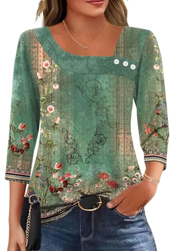 Kistore Damen Mode Elegant Bluse 3/4 Ärmel Langarm Sommer Top Unregelmäßiger Kragen Tunika Lässig Locker Boho Oberteil 2026 Frühling Shirt (L,Grüner Retro-Druck)