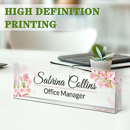 Image of Name Plate for Desk, Desk Name Plate Personalized, Pink Office Decor for Women Men, Acrylic Desktop Accessories, Office Gifts for Boss Nurse Teacher Coworker, Employee Appreciation Gift (Flowers A)