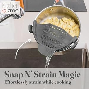 Kitchen Gizmo Snap N' Strain - Silicone Pasta Strainer Clip-On for Pots and Pans - Heat Resistant Colander for Vegetables and Noodles - Kitchen Gadgets for Cooking - Space-Saving Design - Grey Kitchen Gizmo Snap N Strain Silicone Pasta Strainer Clip On for Pots and Pans Heat Resistant Colander for Vegetables and Noodles Kitchen Gadgets for Cooking Space Saving Design Grey