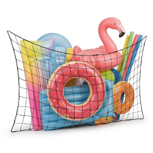 Pool Float Net Storage Extra Large Hanging Pool Toy Holder with Hook and Ties for Inflatable Rafts and Water Toys, Easy-to-Install Poolside Fence Organizer