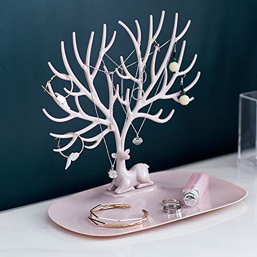 XIMIXI Hirsch Baum Schmuckständer Schmuck Veranstalter Ohrringe Ringe Halsketten Armbänder Halter Schmuck Turm Kleiderbügel mit Tablett (Rosa) Cover