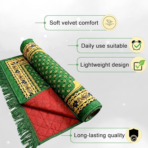 Image of Kuber Industries 28x44 Inch Velvet Janamaz /Meditation /Prayer Mat for Muslim Namaz | Soft & Foldable Mihrab Mark Islamic Prayer Rug | Green