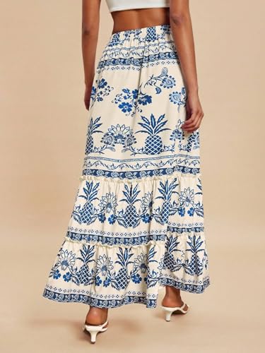 EARKOHA 2025 Women's Striped Pleated A-Line Maxi Skirt Casual Summer Boho Flowy Skirt Beach Vacation Outfits Blue1 XS2