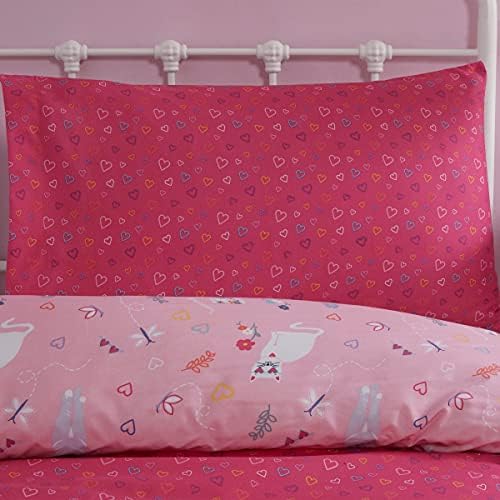Sleepdown Kids Childrens Playful Cute Kittens Cats Butterflies Blush Pink Hearts Reversible Soft Easy Care Duvet Cover Quilt Bedding Set with Pillowcase - Single (135cm x 200cm)