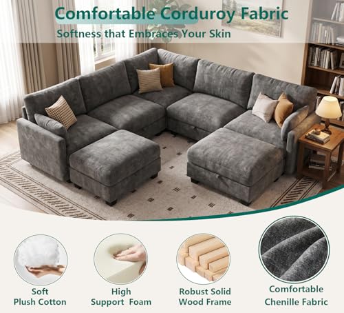 Image of Modular Sectional Sofa, Oversized V-Shaped Couch with Storage | High Resilience Foam, 22 inch Seat Depth, Movable Ottoman, Comfy Chenille, Easy Assembly, Dark Gray