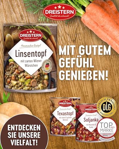 DREISTERN Linsentopf 800g I Mit Wiener Würstchen & Gemüse I Herzhafter Eintopf in recyclebarer Konservendose I Lange Haltbarkeit dank natürlicher Konservierung I Hausmacher Qualität