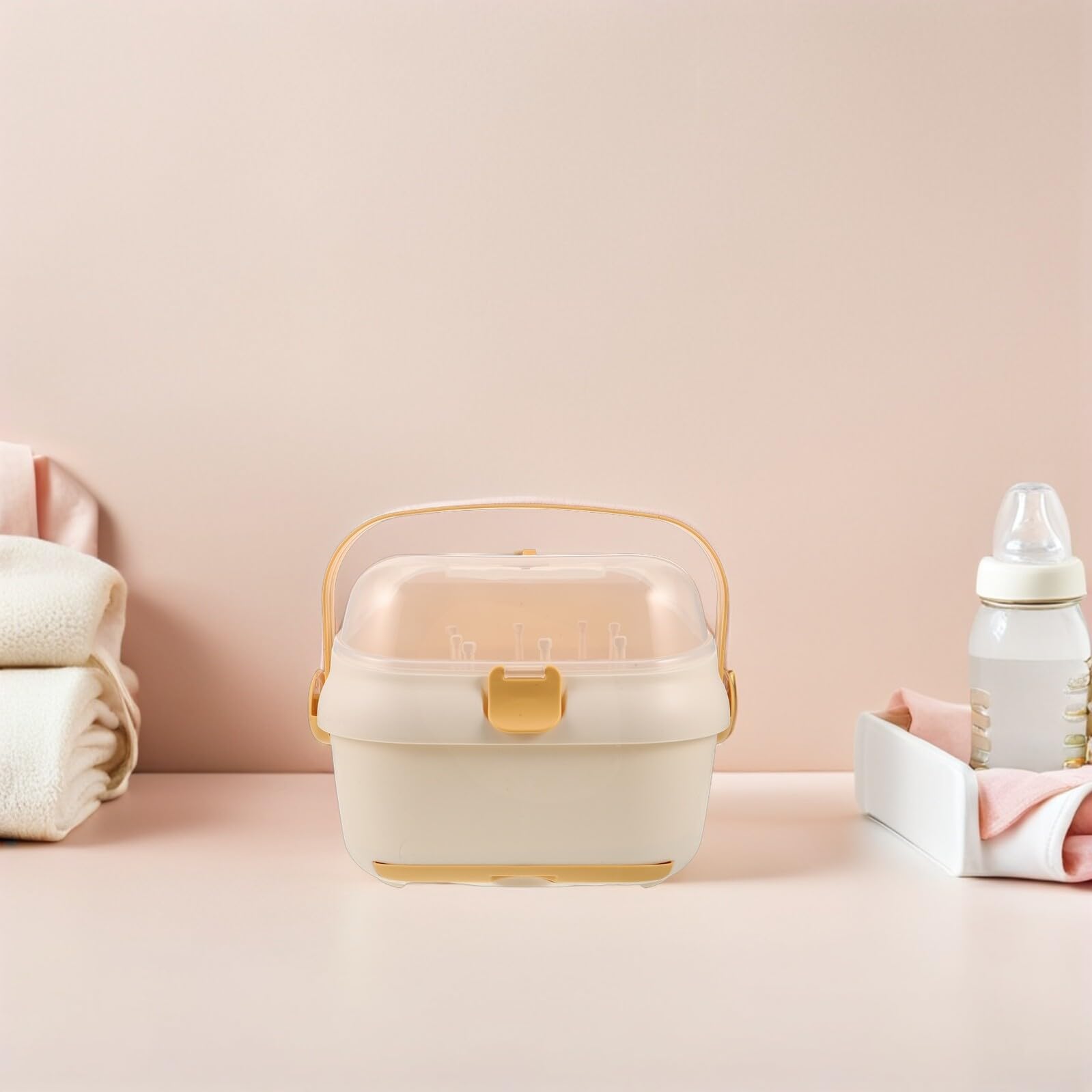 ibasenice Organisateur de Biberons pour Bébé avec Couvercle Anti-poussière, Égouttoir Portable en Plastique Jaune 32,3 X 28,4 X 24,4 Cm, Boîte de Rangement Pratique pour Voyage et Maison
