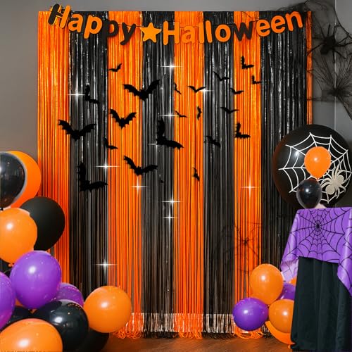Image of 4 Packs Halloween Foil Fringe Curtain, Orange and Black Metallic Tinsel Backdrop for Birthday, Baby Shower, Bachelorette, Halloween Party Decorations Favors Supplies Indoor Outdoor