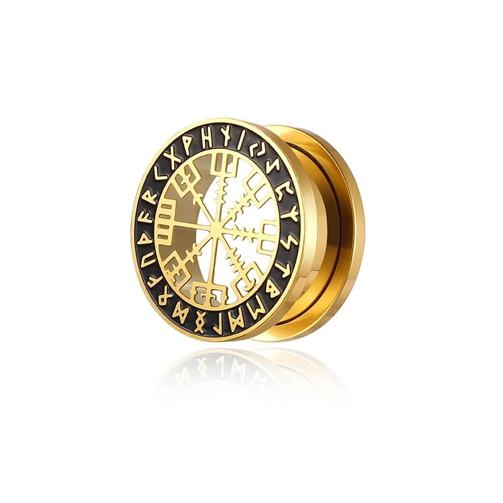 BlackAmazement Dilatador De Acero Inoxidable 316L – Piercing Vegvisir Aegishjalmur Vikingo – Símbolo De Terror Y Runas – Negro Y Plateado – Diámetros 8 A 16 Mm