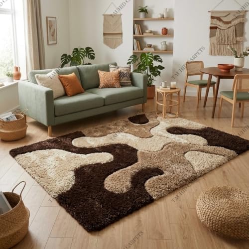 Image of Tauhid Carpet Super Soft Microfiber Shaggy Area Rug Modern Abstract Beige Brown & Cream Plush Carpet | Fluffy Floor Rug for Living Room, Bedroom 4x6 Feet.